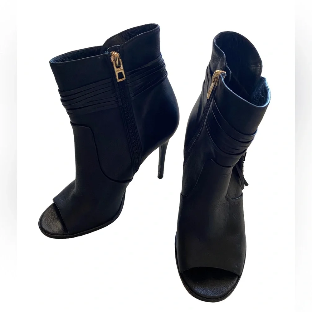 Coach Black Leather Peep-Toe Stiletto Ankle Boots with Feather Tassel